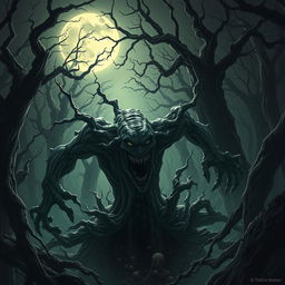 A dynamic scene of black ooze attacking in a dark and eerie forest