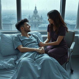 A young man lying on a hospital bed, looking pained, while his girlfriend sits on a chair beside him, holding his hand tightly