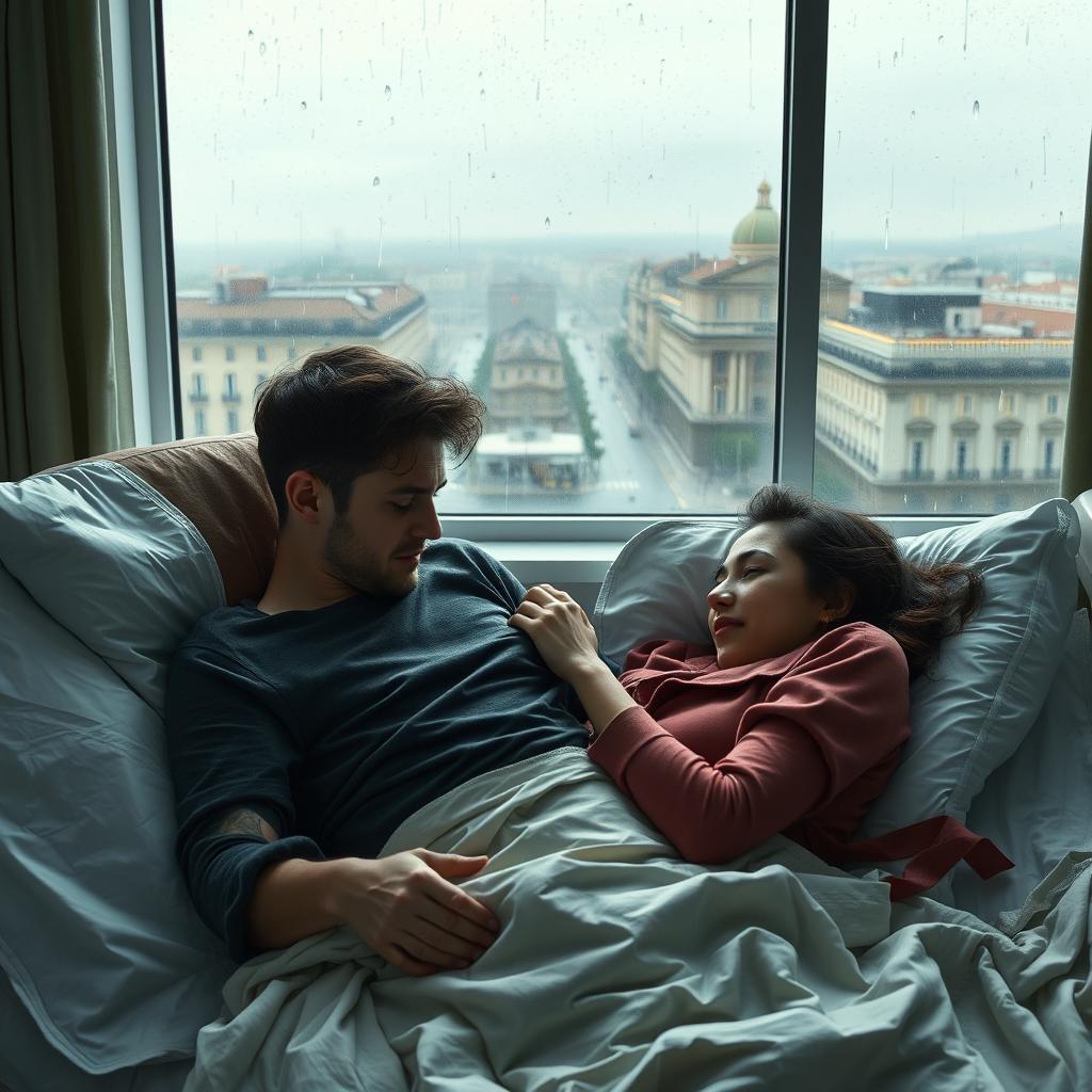 A young man lying on a hospital bed, looking pained, while his girlfriend sits on a chair beside him, holding his hand tightly