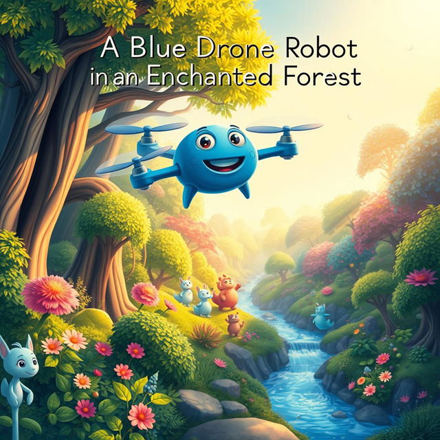 A vibrant and enchanting children's storybook cover featuring a blue drone robot with four propellers