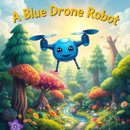 A vibrant and enchanting children's storybook cover featuring a blue drone robot with four propellers