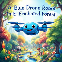 A vibrant and enchanting children's storybook cover featuring a blue drone robot with four propellers