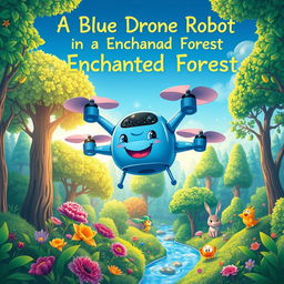 A vibrant and enchanting children's storybook cover featuring a blue drone robot with four propellers