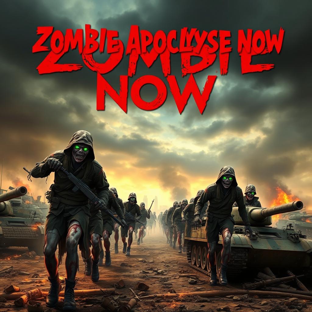 A horror book cover for "Zombie Apocalypse Now" featuring terrifying zombie soldiers in tattered military uniforms