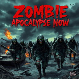 A horror book cover for "Zombie Apocalypse Now" featuring terrifying zombie soldiers in tattered military uniforms