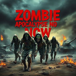 A horror book cover for "Zombie Apocalypse Now" featuring terrifying zombie soldiers in tattered military uniforms