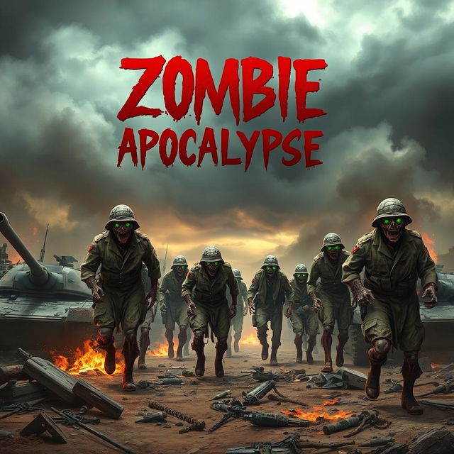 A horror book cover for "Zombie Apocalypse Now" featuring terrifying zombie soldiers in tattered military uniforms