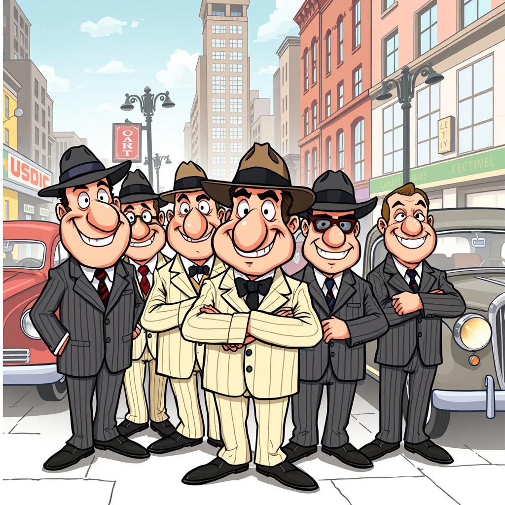 A group of cartoon-style mobsters, depicted comically with exaggerated features like large noses and big smiles, wearing classic gangster attire such as pinstripe suits and fedora hats