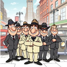 A group of cartoon-style mobsters, depicted comically with exaggerated features like large noses and big smiles, wearing classic gangster attire such as pinstripe suits and fedora hats