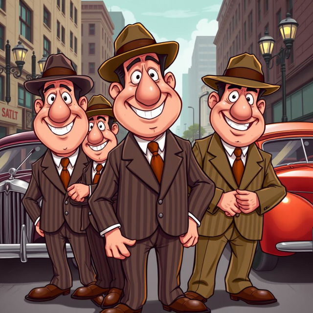 A group of cartoon-style mobsters, depicted comically with exaggerated features like large noses and big smiles, wearing classic gangster attire such as pinstripe suits and fedora hats