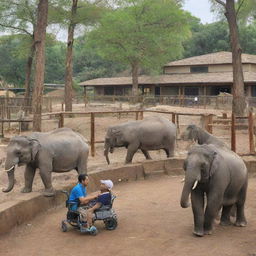 A compassionate zoo featuring animals with various disabilities, each being taken care of and living happily in their adapted habitats