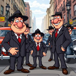 A group of cartoon-style mobsters, depicted comically with exaggerated features like large noses and big smiles, wearing classic gangster attire such as pinstripe suits and fedora hats