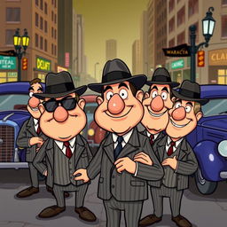 A group of cartoon-style mobsters, depicted comically with exaggerated features like large noses and big smiles, wearing classic gangster attire such as pinstripe suits and fedora hats