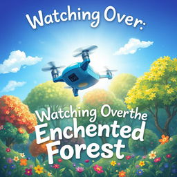 Illustrate a children's storybook cover featuring a playful blue drone robot with four propeller-like elices