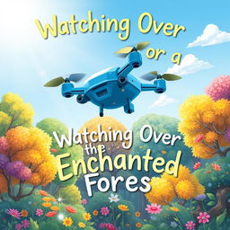 Illustrate a children's storybook cover featuring a playful blue drone robot with four propeller-like elices