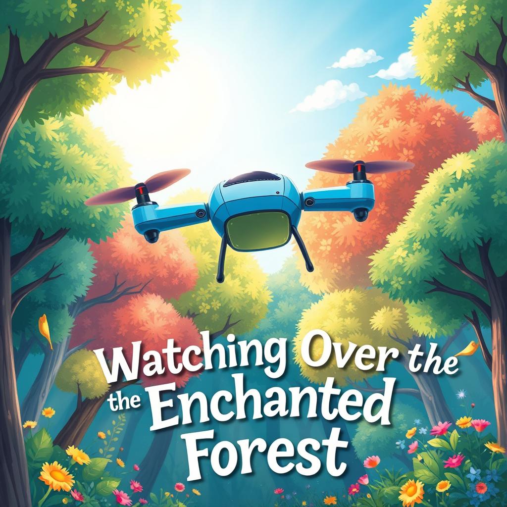 Illustrate a children's storybook cover featuring a playful blue drone robot with four propeller-like elices