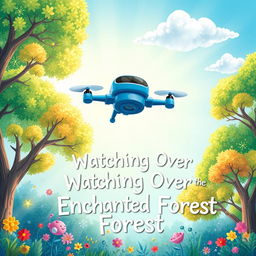 Illustrate a children's storybook cover featuring a playful blue drone robot with four propeller-like elices