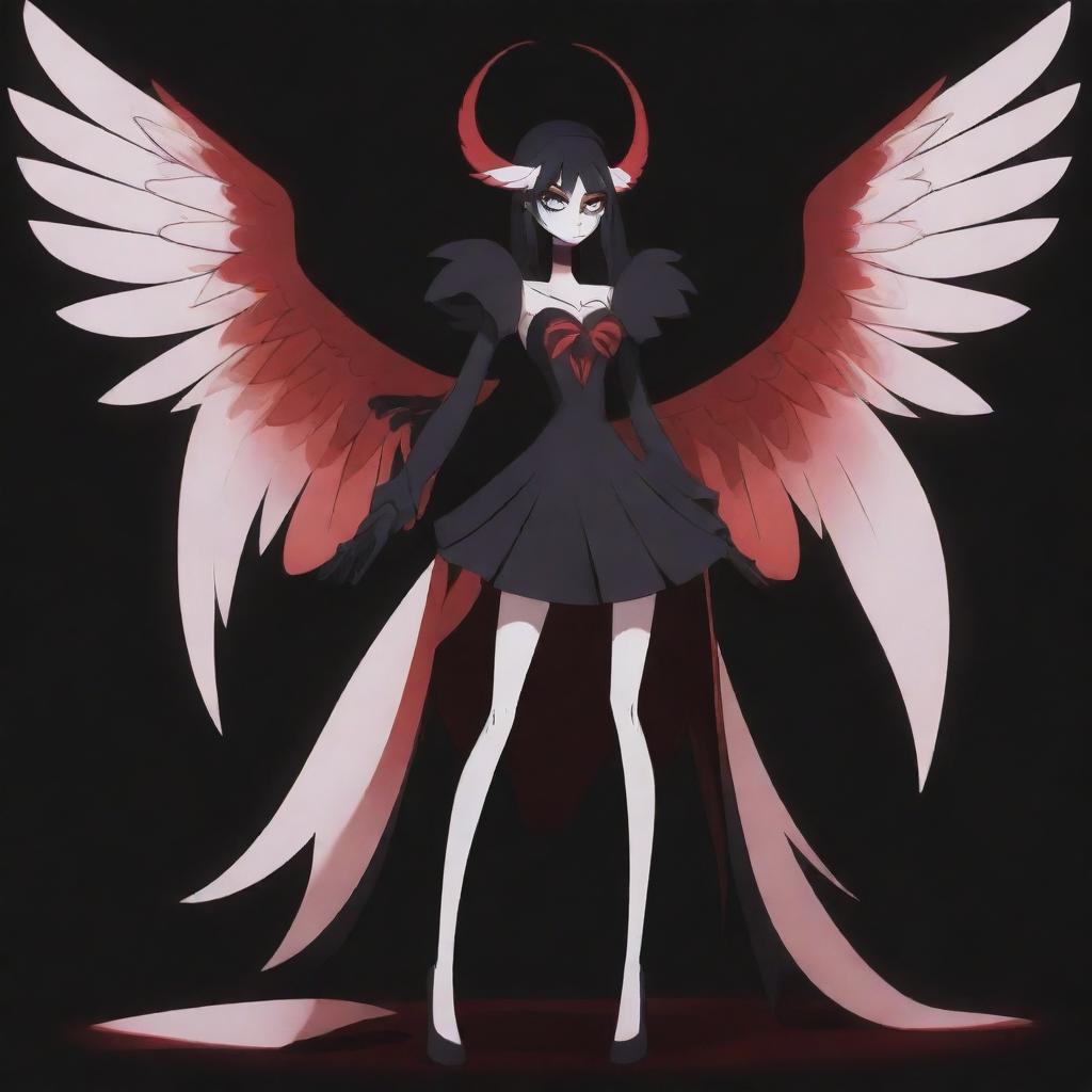 Create an image in the style of Hazbin Hotel featuring a fallen archangel with broken wings. She is wearing dark, elegant clothing and has captivating beauty.