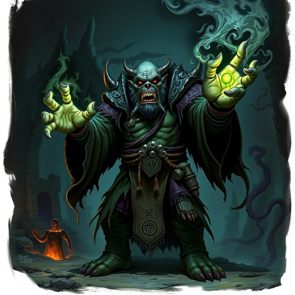 A powerful and evil necromancer orc standing in a dark and ominous setting, surrounded by swirling shadows and mystical energies