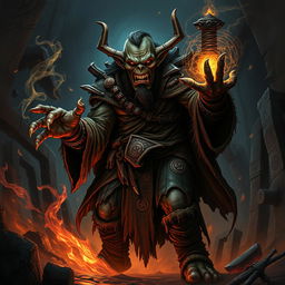 A powerful and evil necromancer orc standing in a dark and ominous setting, surrounded by swirling shadows and mystical energies