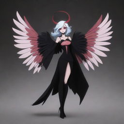 Create an image in the style of Hazbin Hotel featuring a fallen archangel with broken wings. She is wearing dark, elegant clothing and has captivating beauty.