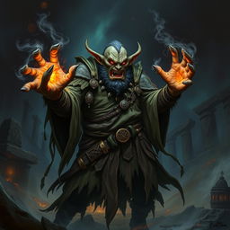 A powerful and evil necromancer orc standing in a dark and ominous setting, surrounded by swirling shadows and mystical energies