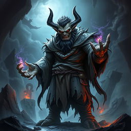 A powerful and evil necromancer orc standing in a dark and ominous setting, surrounded by swirling shadows and mystical energies