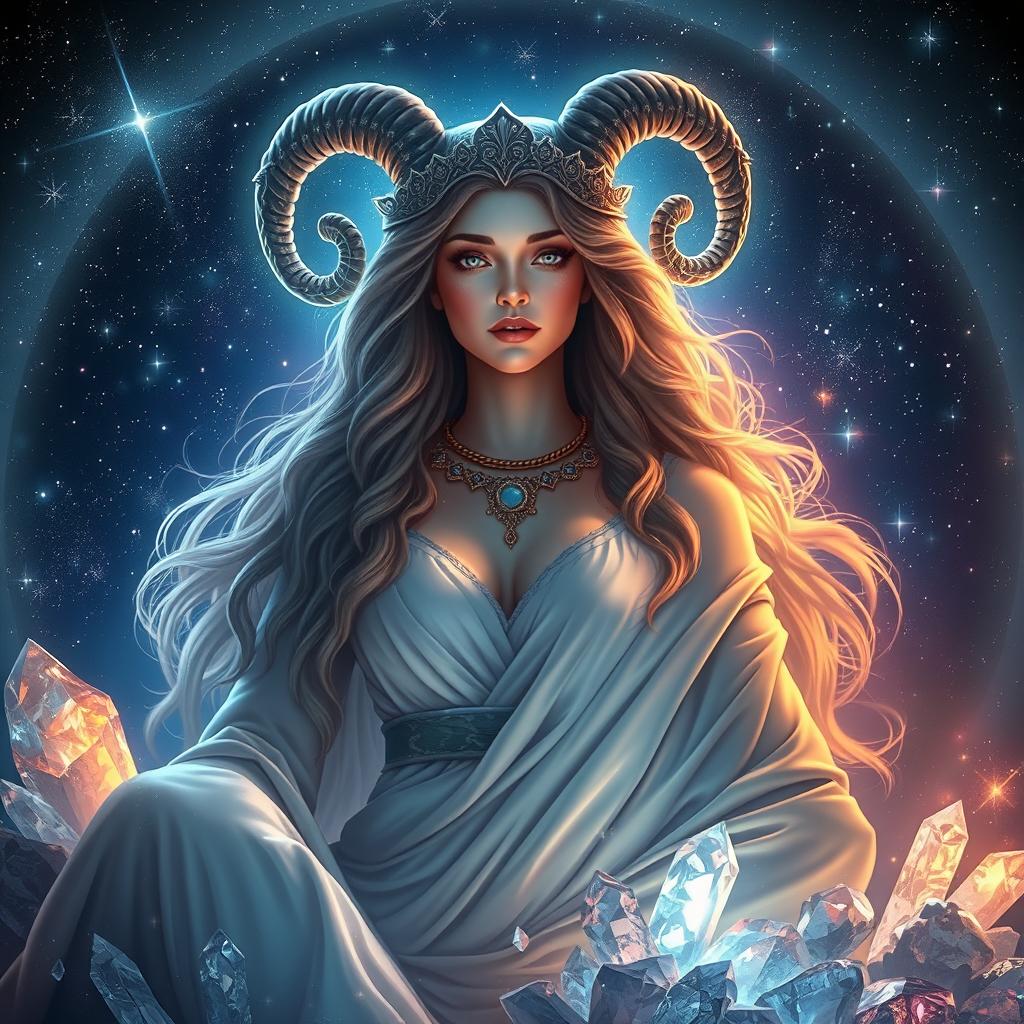 A majestic depiction of Aries, the Goddess, surrounded by a celestial aura and shimmering crystals