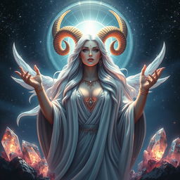 A majestic depiction of Aries, the Goddess, surrounded by a celestial aura and shimmering crystals