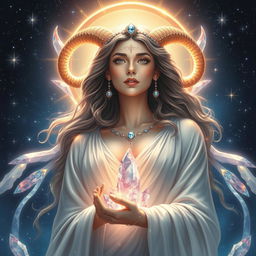 A majestic depiction of Aries, the Goddess, surrounded by a celestial aura and shimmering crystals