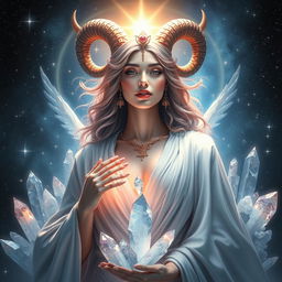 A majestic depiction of Aries, the Goddess, surrounded by a celestial aura and shimmering crystals