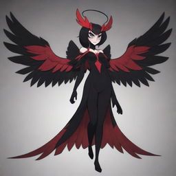 Create an image in the style of Hazbin Hotel featuring a fallen archangel with broken wings. She is wearing dark, elegant clothing and has captivating beauty.