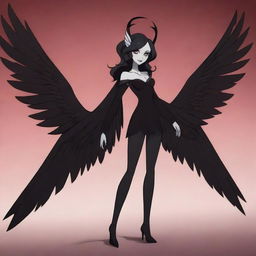 Create an image in the style of Hazbin Hotel featuring a fallen archangel with broken wings. She is wearing dark, elegant clothing and has captivating beauty.