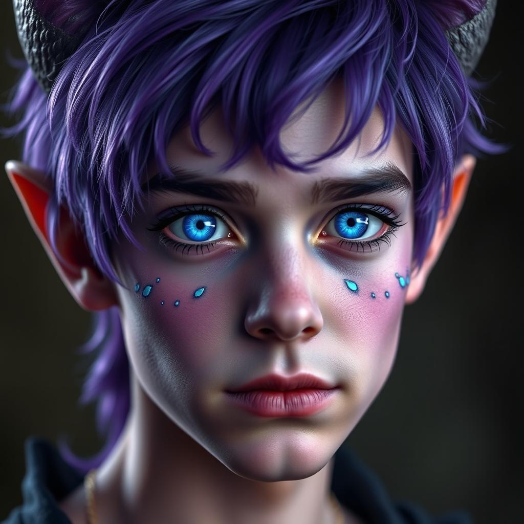 Headshot of a teenage purple tiefling with bright blue, flame-like eyes and black sclera speckled with white dots resembling the night sky