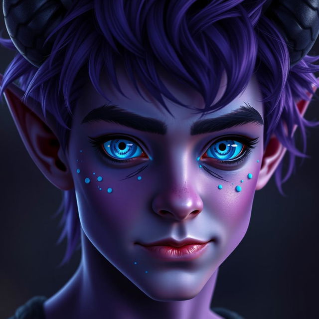 Headshot of a teenage purple tiefling with bright blue, flame-like eyes and black sclera speckled with white dots resembling the night sky