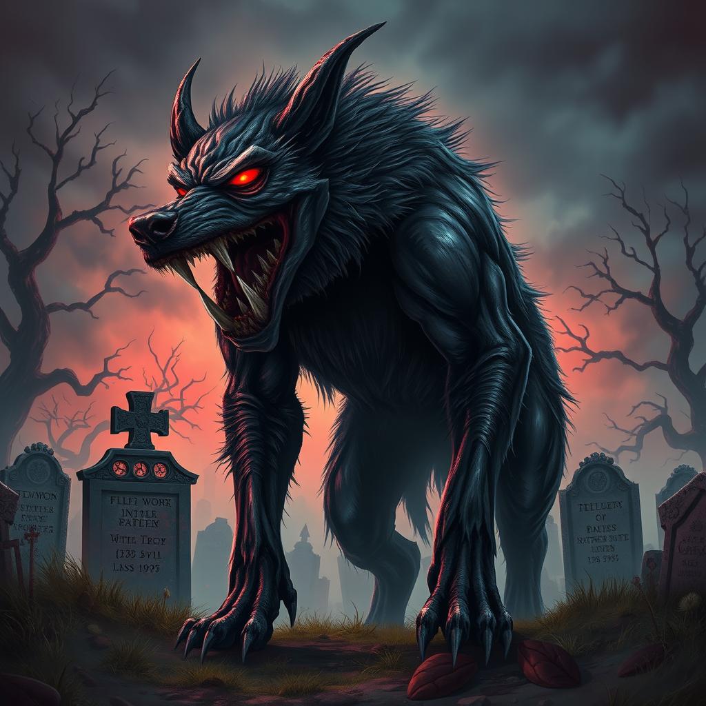 A terrifying and imposing evil death dog, standing amidst a haunting graveyard under a stormy night sky