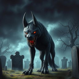 A terrifying and imposing evil death dog, standing amidst a haunting graveyard under a stormy night sky