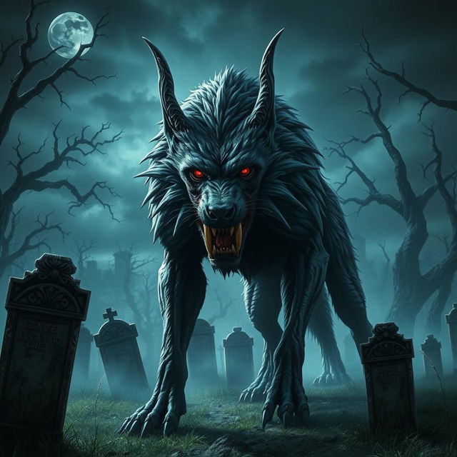 A terrifying and imposing evil death dog, standing amidst a haunting graveyard under a stormy night sky