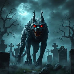 A terrifying and imposing evil death dog, standing amidst a haunting graveyard under a stormy night sky