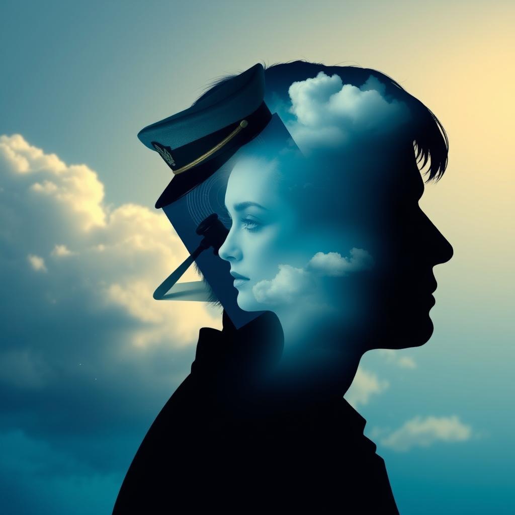 A surreal book cover featuring the silhouette of a man's profile set against a gradient sky, transitioning from clear blue to cloudy