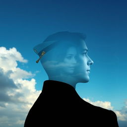 A surreal book cover featuring the silhouette of a man's profile set against a gradient sky, transitioning from clear blue to cloudy