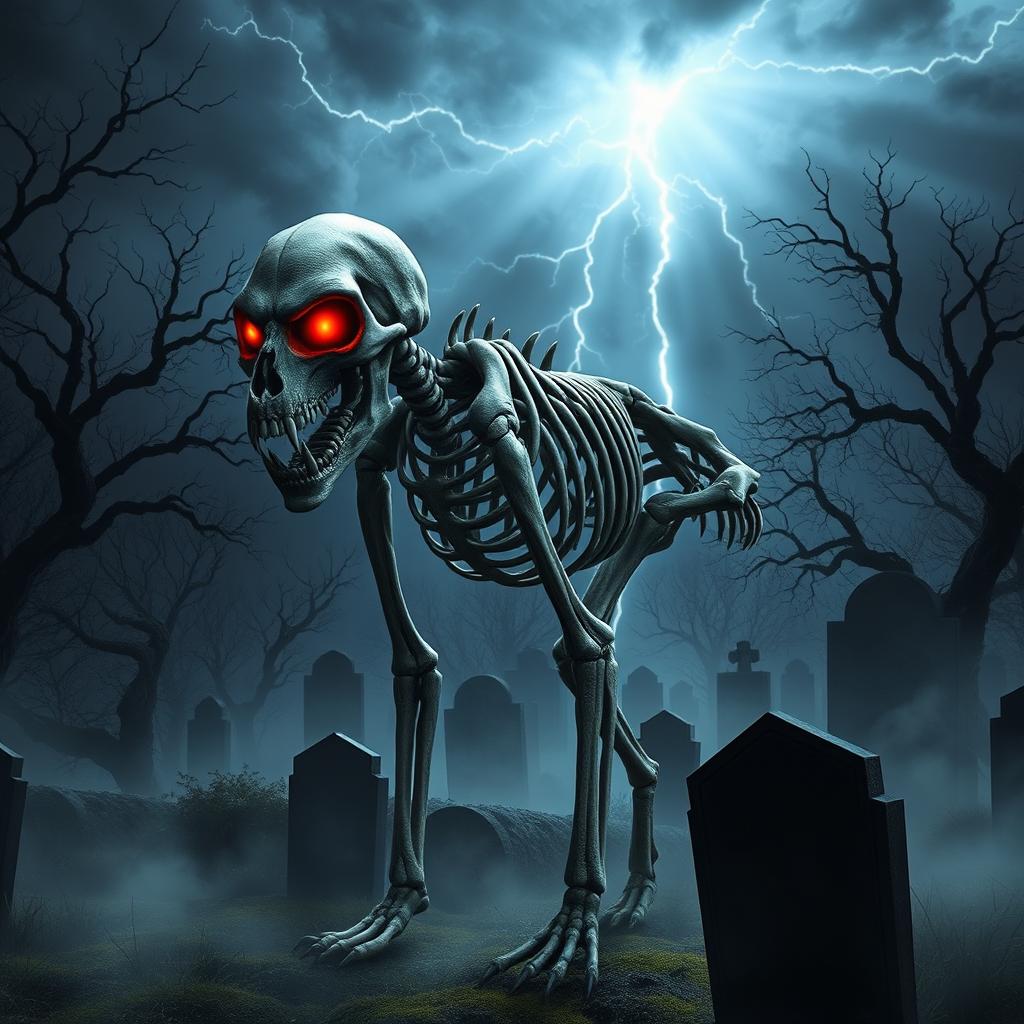 A terrifying representation of an evil sinister death dog, now reduced to a skeleton, standing amidst a haunting graveyard under a stormy night sky