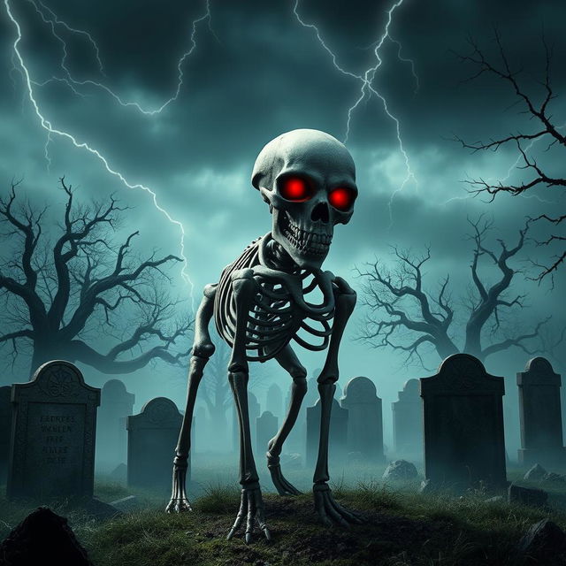 A terrifying representation of an evil sinister death dog, now reduced to a skeleton, standing amidst a haunting graveyard under a stormy night sky