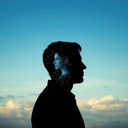 A surreal book cover featuring the silhouette of a man's profile set against a gradient sky, transitioning from clear blue to cloudy