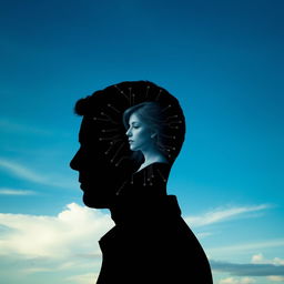 A surreal book cover featuring the silhouette of a man's profile set against a gradient sky, transitioning from clear blue to cloudy