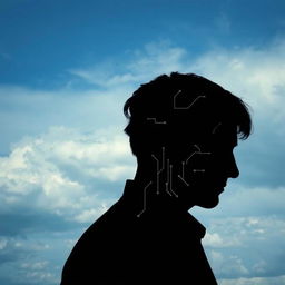 A surreal book cover featuring the silhouette of a man's profile set against a gradient sky, transitioning from clear blue to cloudy