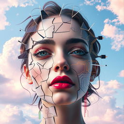 A vibrant and fragmented portrait set against a pastel sky background with fluffy clouds, creating a serene and whimsical atmosphere