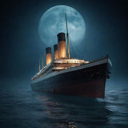 Sunken Titanic emerging from a dark mysterious sea under a full moon