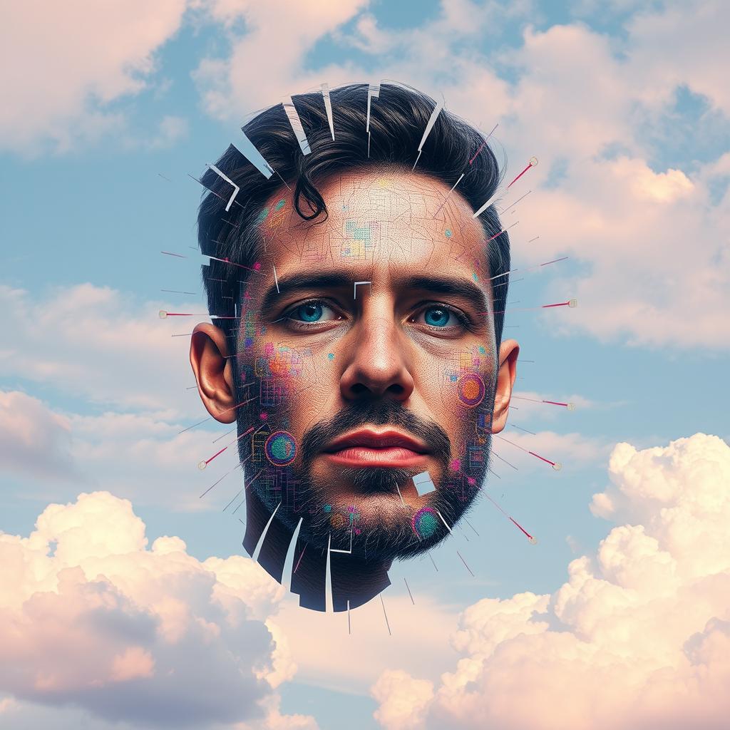 A vibrant and fragmented portrait of a man's face set against a pastel sky background filled with fluffy clouds, creating a serene and whimsical scene