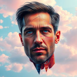 A vibrant and fragmented portrait of a man's face set against a pastel sky background filled with fluffy clouds, creating a serene and whimsical scene